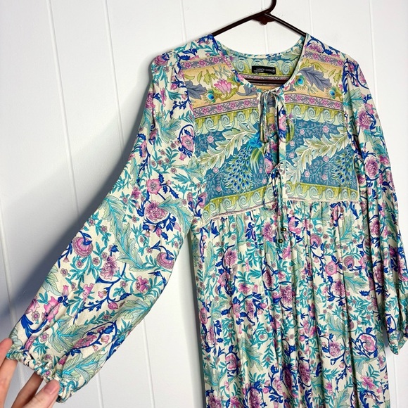 🦚 LANCE CADE Boho Peacock Tie Front Dress Floral Bohemian Beachy Size Medium - Picture 3 of 8